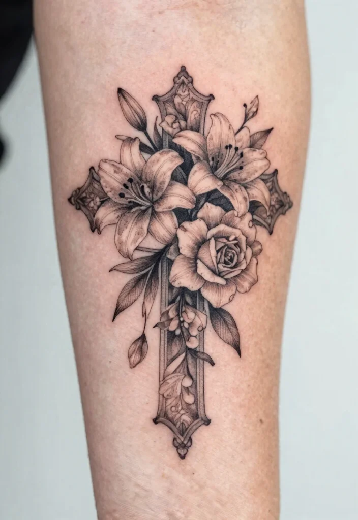 16 Tangled Flower Tattoo Ideas: Magical, Whimsical, and Soft - 15. Charmed Floral Cross 1