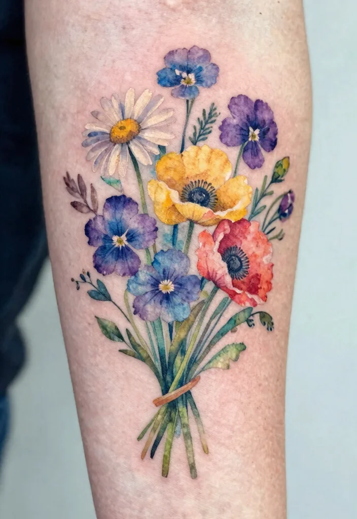 16 Tangled Flower Tattoo Ideas: Magical, Whimsical, and Soft - 2. Enchanted Wildflower Bouquet 1
