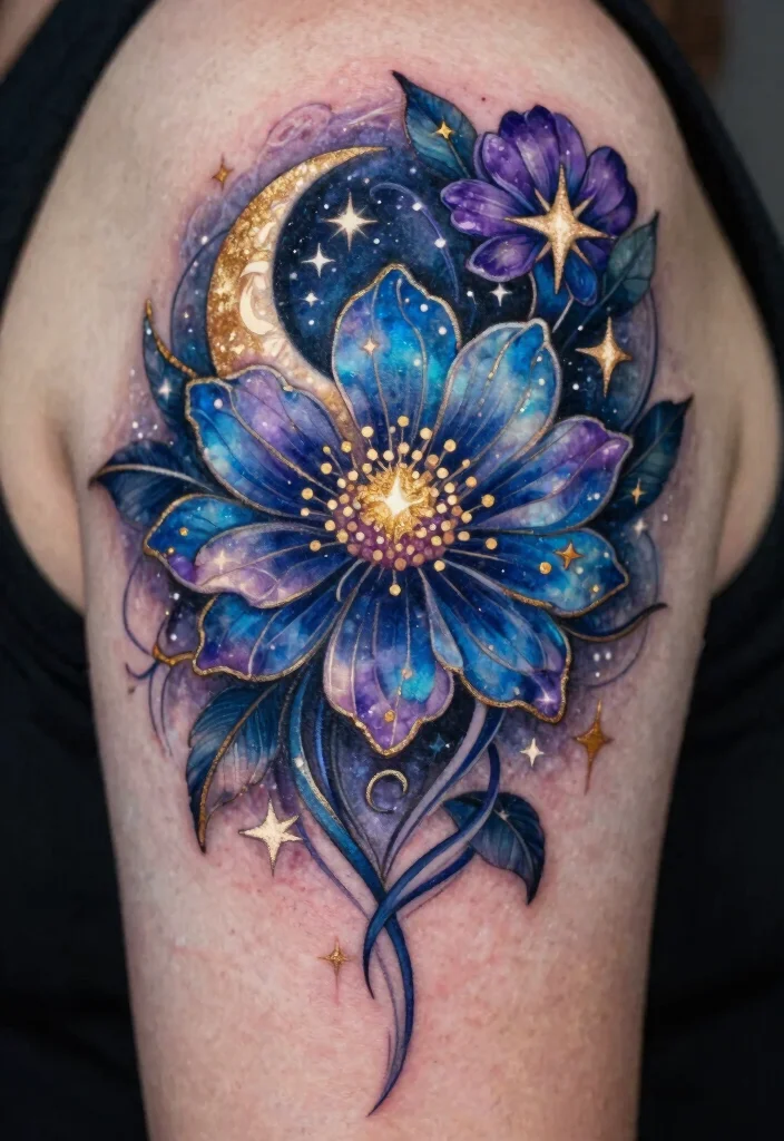 16 Tangled Flower Tattoo Ideas: Magical, Whimsical, and Soft - 7. Celestial Blossom Design 1