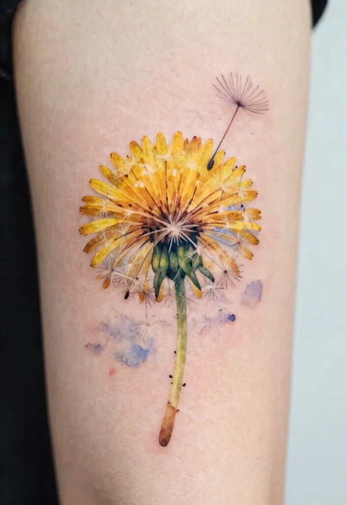 16 Tangled Flower Tattoo Ideas: Magical, Whimsical, and Soft - 9. Watercolor Dandelion Dreams 1