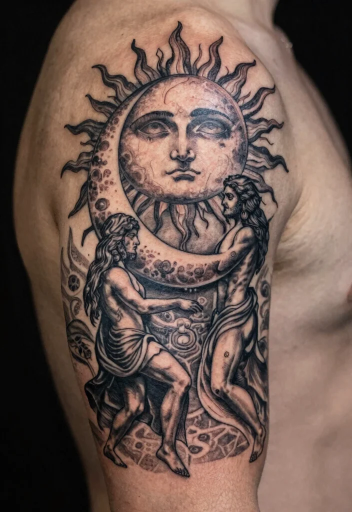 16 Tattoo Sun and Moon Ideas Yin Yang Balance Style - 11. Mythical Sun and Moon Tattoos 1