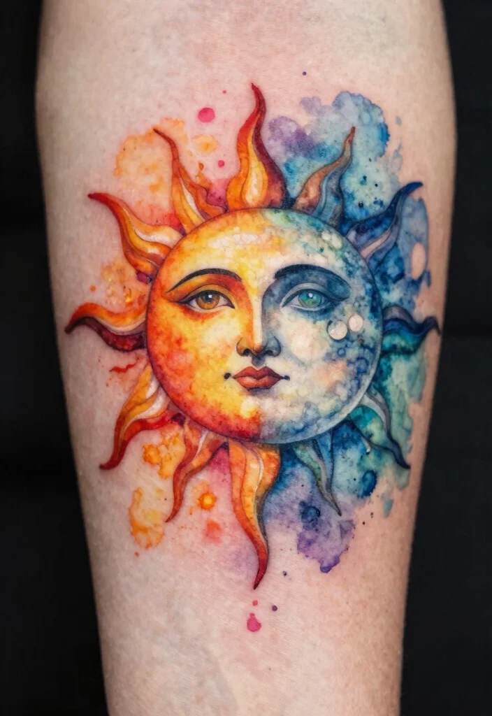 16 Tattoo Sun and Moon Ideas Yin Yang Balance Style - 2. Watercolor Celestial Fusion 1