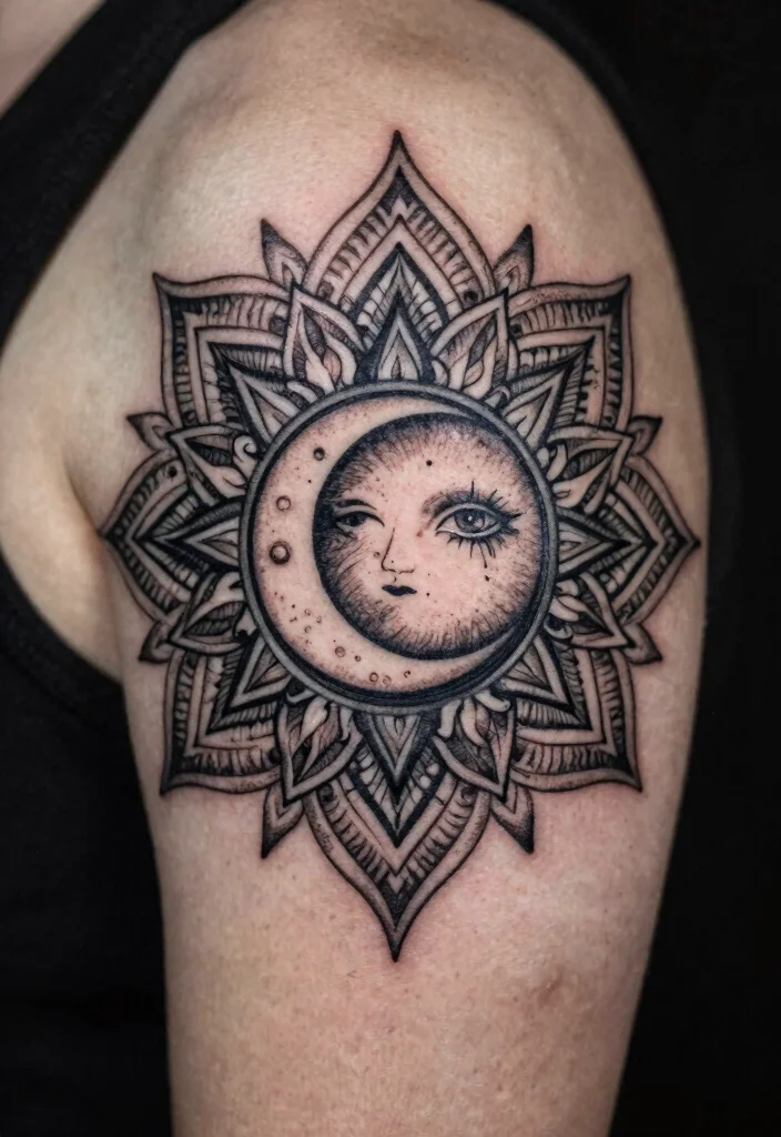 16 Tattoo Sun and Moon Ideas Yin Yang Balance Style - 3. Intricate Mandala Sun and Moon 1