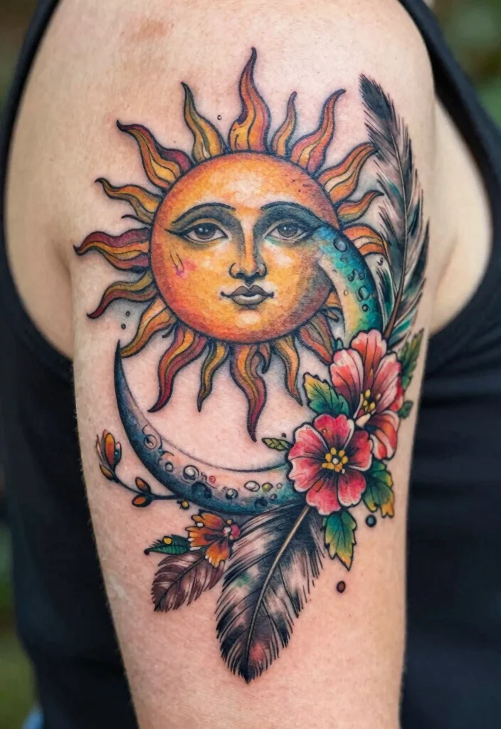 16 Tattoo Sun and Moon Ideas Yin Yang Balance Style - 4. Bohemian Sun and Moon Tattoos 1