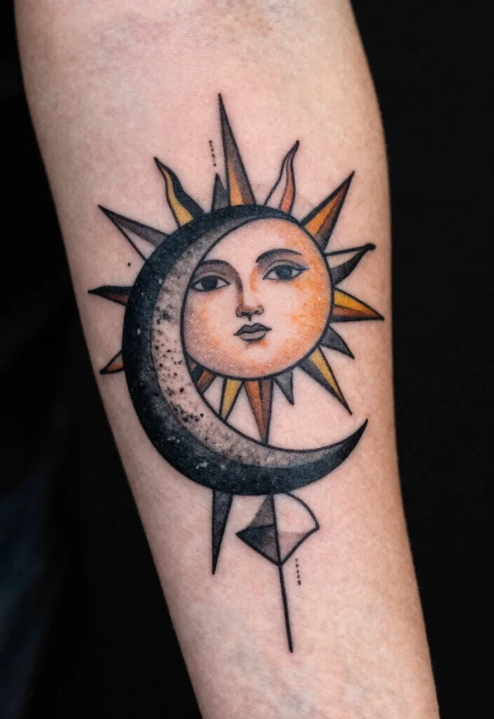 16 Tattoo Sun and Moon Ideas Yin Yang Balance Style - 5. Geometric Sun and Moon Designs 1