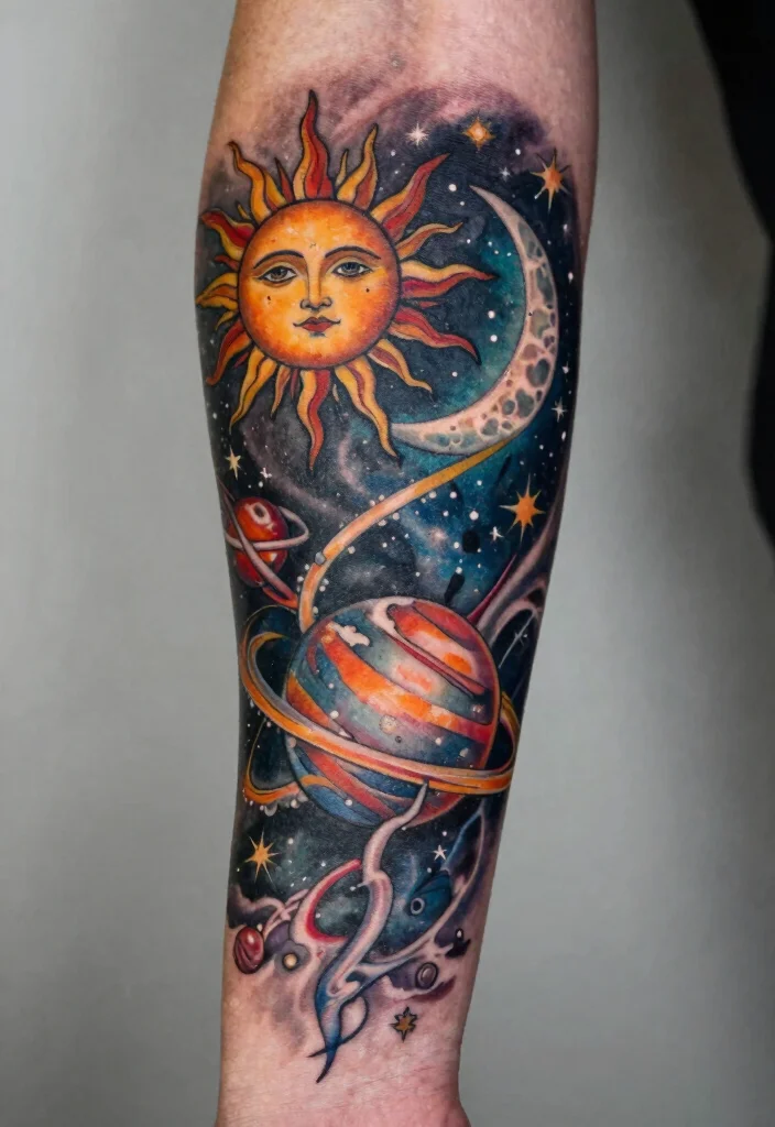 16 Tattoo Sun and Moon Ideas Yin Yang Balance Style - 6. Celestial Sleeve Tattoos 1