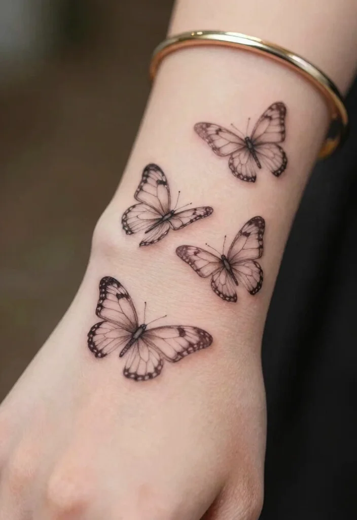 16 Three Butterfly Tattoo Ideas: Symbolic, Balanced, and Aesthetic - 1. Delicate Linework Trio 1