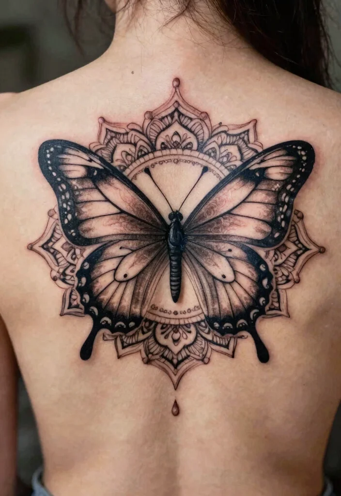 16 Three Butterfly Tattoo Ideas: Symbolic, Balanced, and Aesthetic - 10. Butterfly Mandala Fusion 1