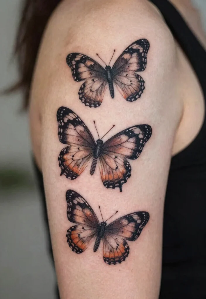 16 Three Butterfly Tattoo Ideas: Symbolic, Balanced, and Aesthetic - 12. Vintage Butterfly Triad 1