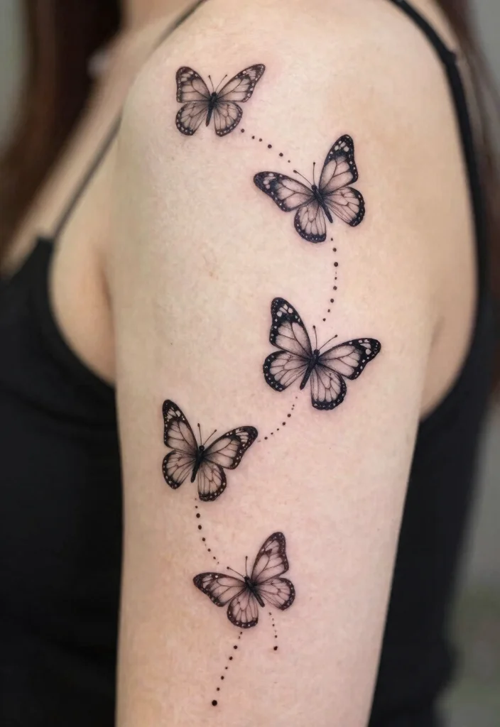 16 Three Butterfly Tattoo Ideas: Symbolic, Balanced, and Aesthetic - 14. Whimsical Butterfly Trails 1