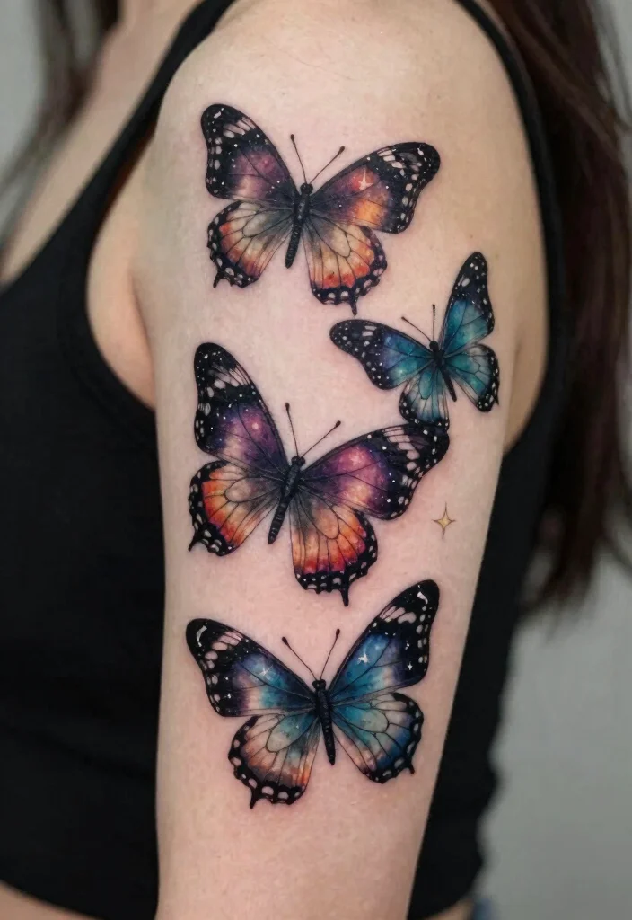 16 Three Butterfly Tattoo Ideas: Symbolic, Balanced, and Aesthetic - 15. Celestial Butterfly Tattoos 1