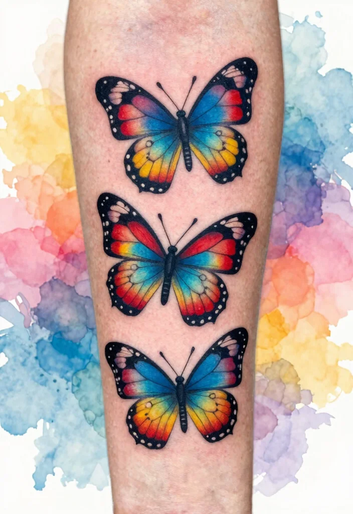 16 Three Butterfly Tattoo Ideas: Symbolic, Balanced, and Aesthetic - 2. Colorful Whimsical Butterflies 1