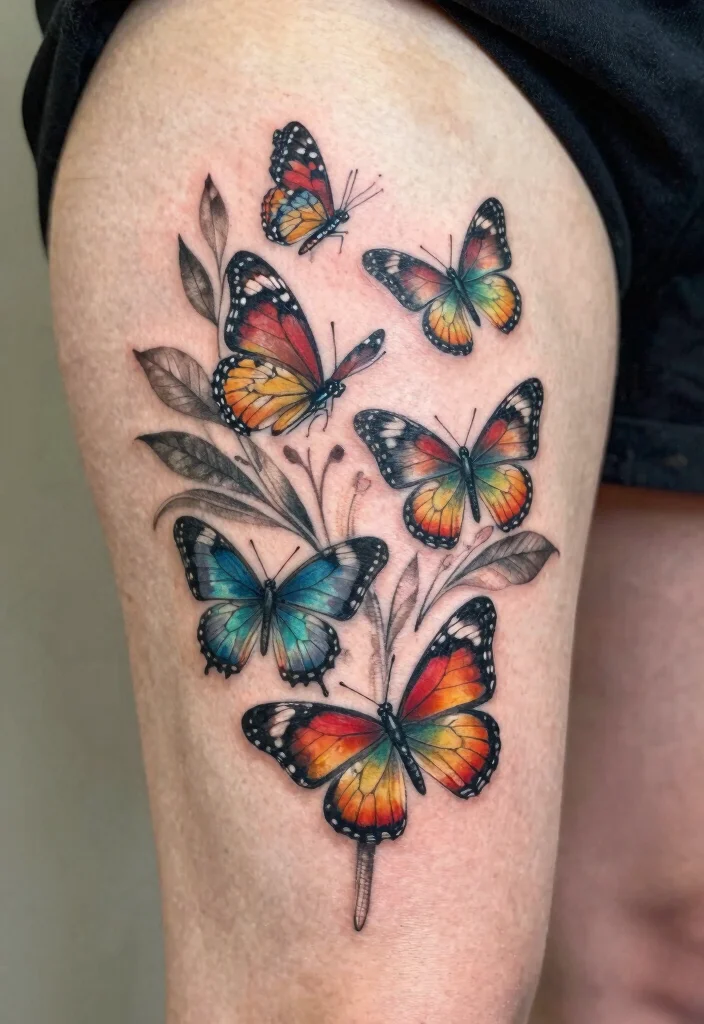 16 Three Butterfly Tattoo Ideas: Symbolic, Balanced, and Aesthetic - 4. Nature-Inspired Butterflies with Leaves 1