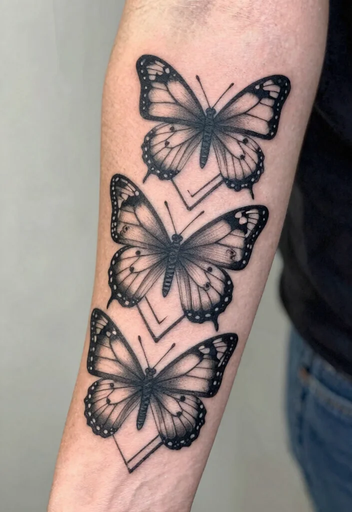 16 Three Butterfly Tattoo Ideas: Symbolic, Balanced, and Aesthetic - 5. Geometric Butterfly Trio 1