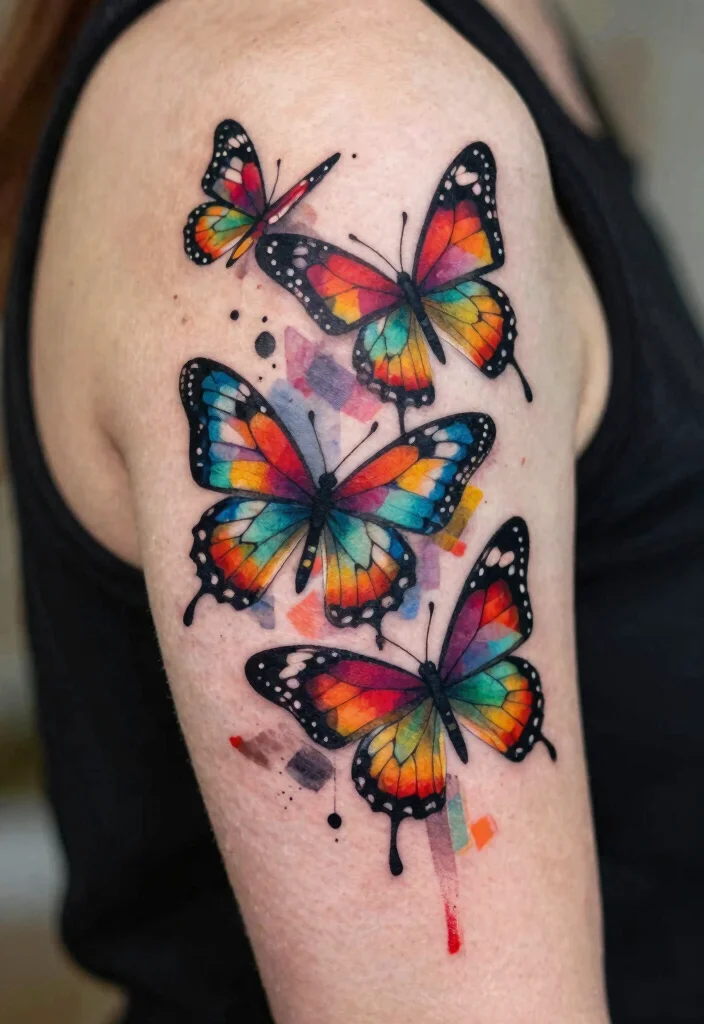 16 Three Butterfly Tattoo Ideas: Symbolic, Balanced, and Aesthetic - 8. Abstract Butterfly Triad 1