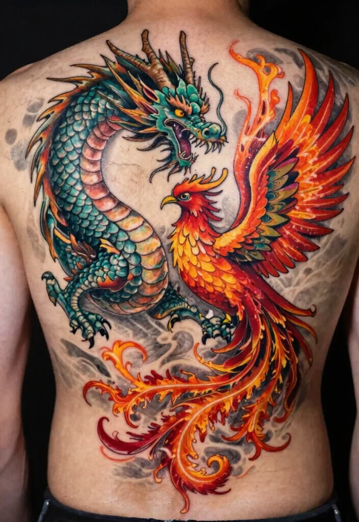 17 Asian Dragon Tattoo Ideas: Traditional, Fierce, and Detailed - 12. Dragon and Phoenix Fusion 1