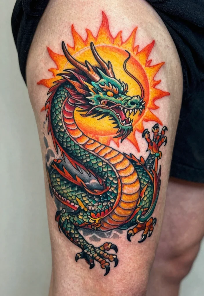 17 Asian Dragon Tattoo Ideas: Traditional, Fierce, and Detailed - 13. Dragon and Sun 1