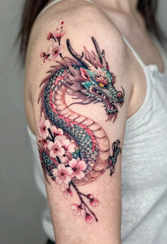 17 Asian Dragon Tattoo Ideas: Traditional, Fierce, and Detailed - 9. Floral Dragon 1