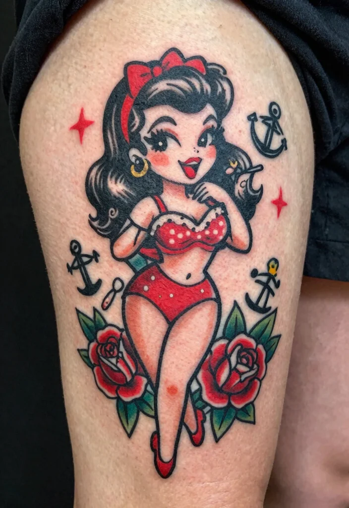 17 Black and Red Tattoo Ideas: Dramatic High Contrast Ink - 15. Vintage Pin-Up 1