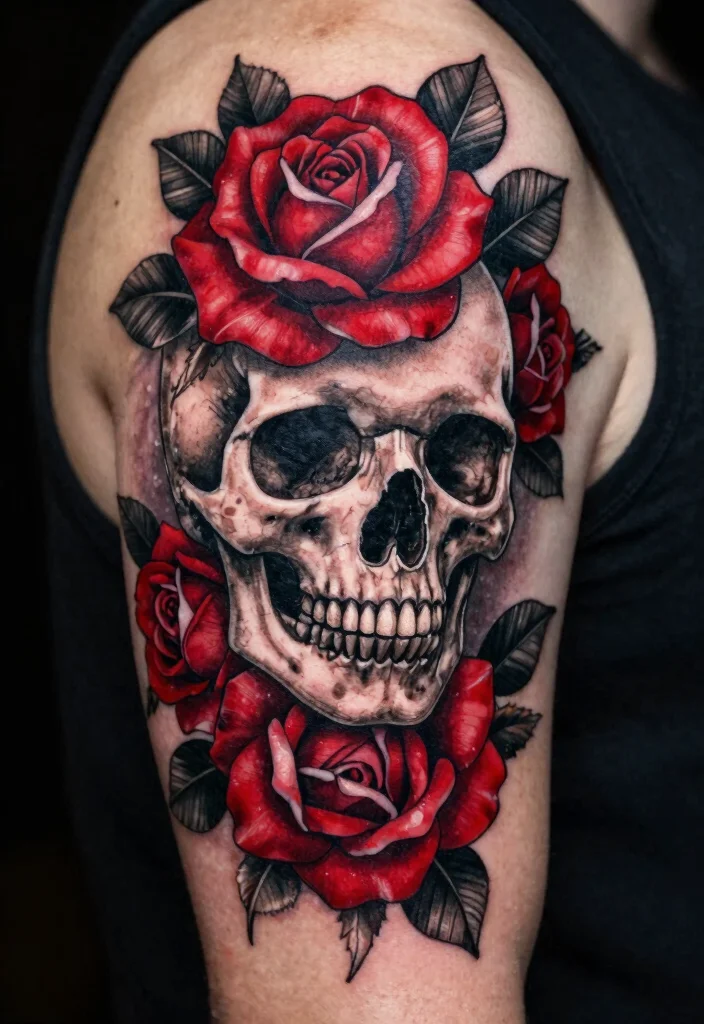 17 Black and Red Tattoo Ideas: Dramatic High Contrast Ink - 7. Skulls and Roses 1
