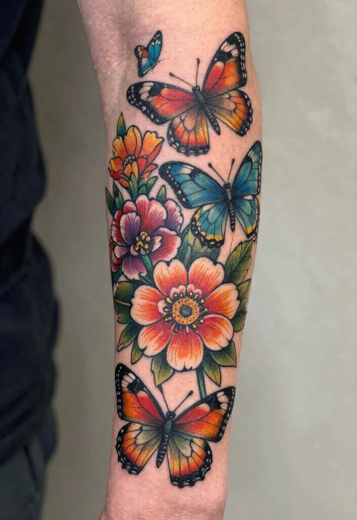 17 Butterfly Flower Tattoo Ideas: Soft, Feminine, and Artistic - 14. Butterfly Flower Sleeve Tattoo 1