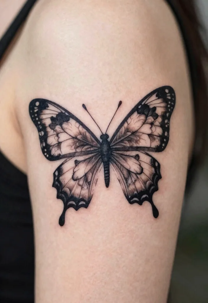 17 Butterfly Flower Tattoo Ideas: Soft, Feminine, and Artistic - 7. Butterfly Silhouette with Floral Background 1