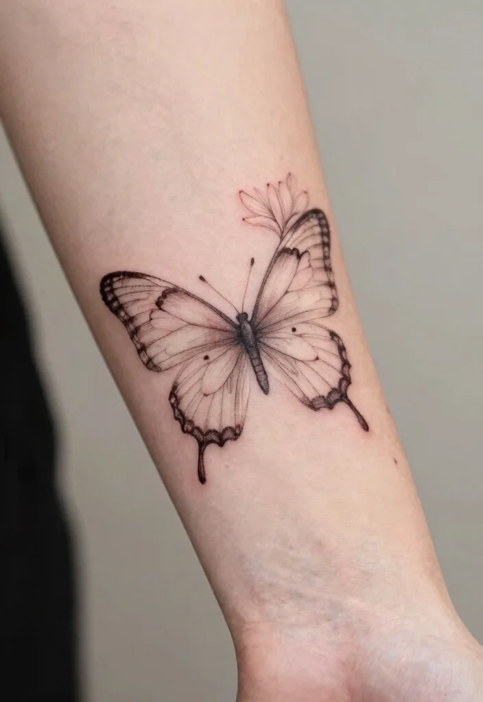 17 Butterfly Flower Tattoo Ideas: Soft, Feminine, and Artistic - 9. Fine Line Butterfly with Petal Details 1