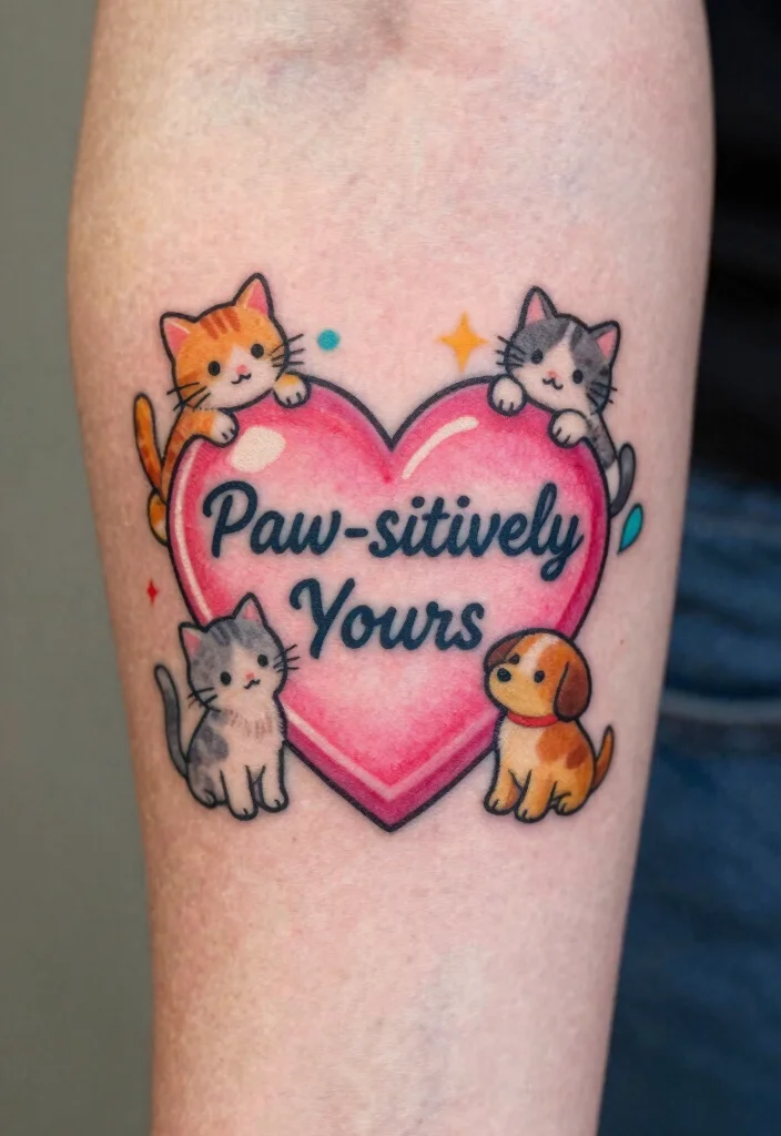 17 Candy Heart Tattoo Ideas: Playful, Cute, and Fun - 12. Candy Heart with Cute Animal Characters 1