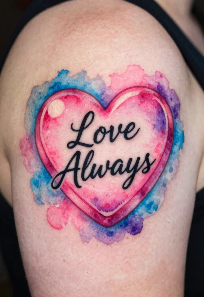 17 Candy Heart Tattoo Ideas: Playful, Cute, and Fun - 14. Candy Heart with Watercolor Effects 1
