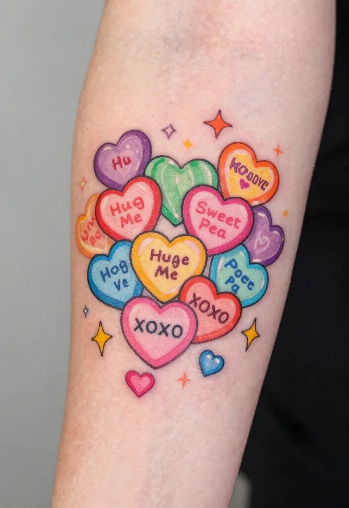 17 Candy Heart Tattoo Ideas: Playful, Cute, and Fun - 16. Candy Hearts in a Cluster 1
