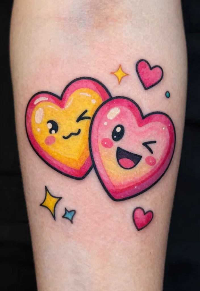 17 Candy Heart Tattoo Ideas: Playful, Cute, and Fun - 9. Cartoonish Candy Heart Characters 1