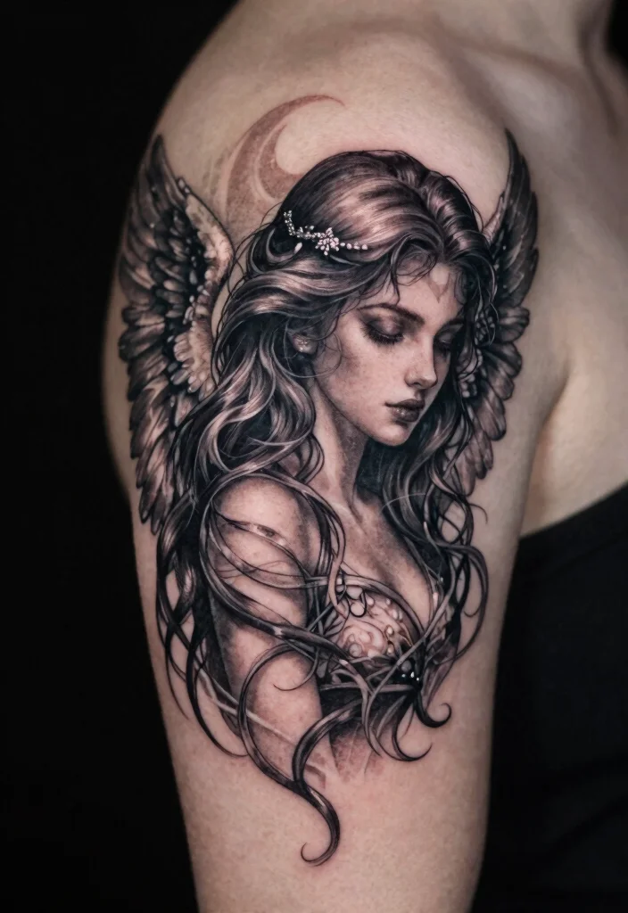 17 Dark Angel Tattoo Ideas: Mysterious, Powerful, and Striking - 1. Ethereal Dark Angel 1