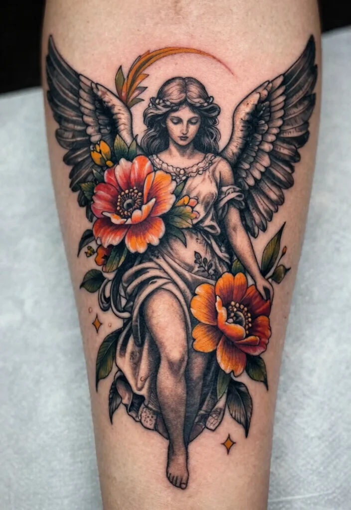 17 Dark Angel Tattoo Ideas: Mysterious, Powerful, and Striking - 12. Dark Angel with Flowers 1
