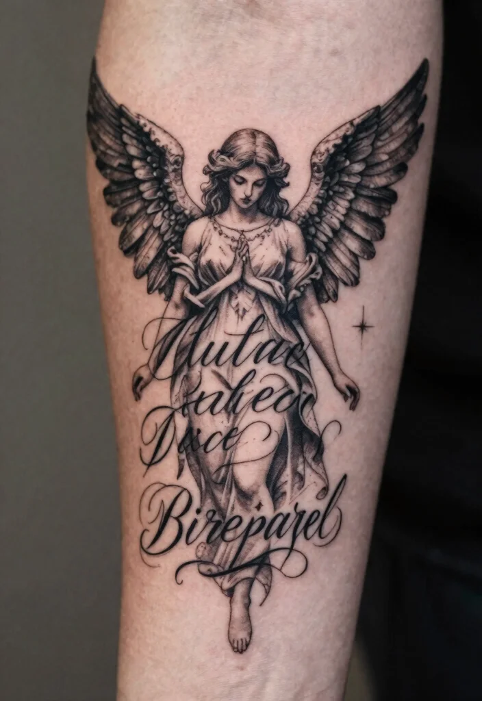 17 Dark Angel Tattoo Ideas: Mysterious, Powerful, and Striking - 13. Dark Angel with Script 1