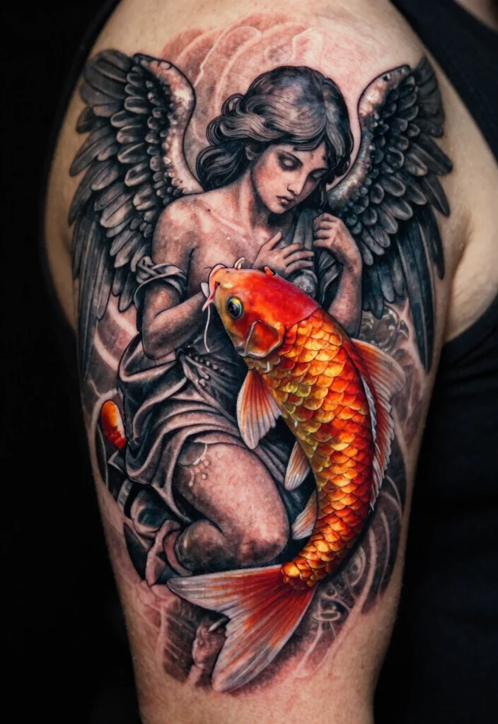 17 Dark Angel Tattoo Ideas: Mysterious, Powerful, and Striking - 16. Koi Fish and Dark Angel 1