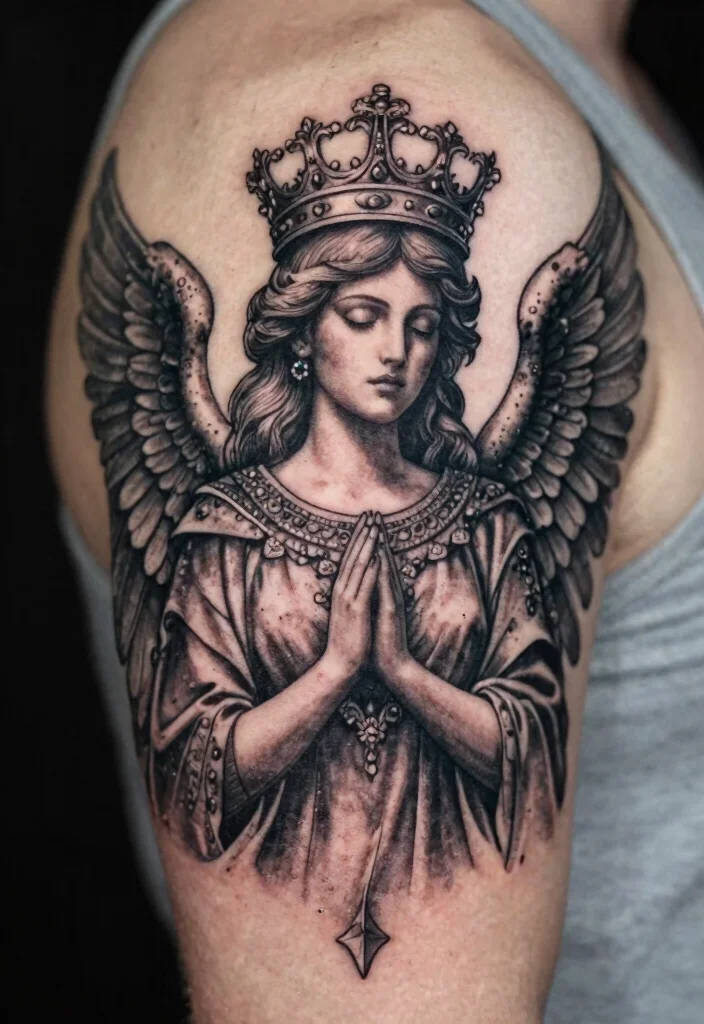17 Dark Angel Tattoo Ideas: Mysterious, Powerful, and Striking - 17. Dark Angel with a Crown 1
