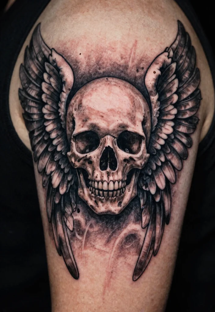 17 Dark Angel Tattoo Ideas: Mysterious, Powerful, and Striking - 4. Skull and Wings 1