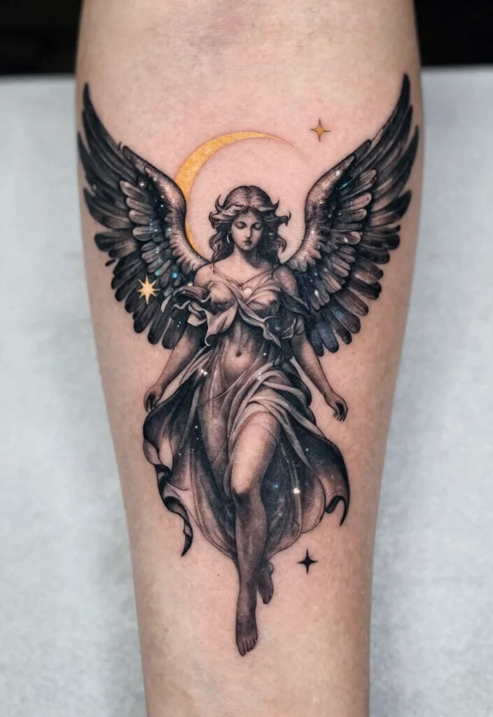 17 Dark Angel Tattoo Ideas: Mysterious, Powerful, and Striking - 5. Celestial Bodies 1