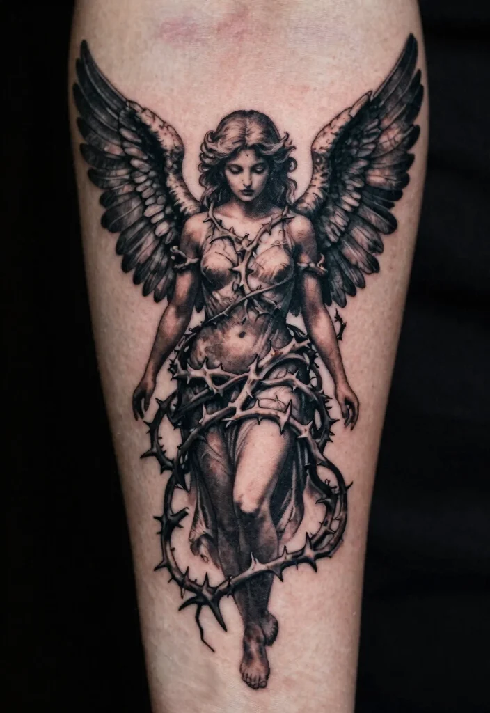 17 Dark Angel Tattoo Ideas: Mysterious, Powerful, and Striking - 9. Dark Angel with Thorns 1