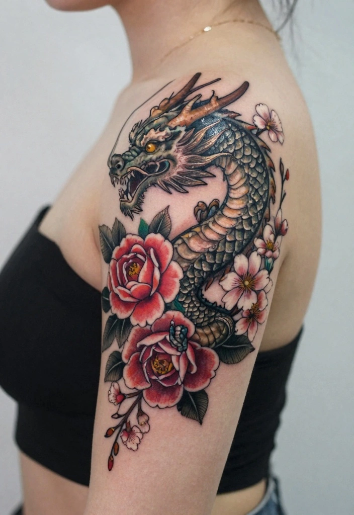 17 Feminine Dragon Tattoo Ideas for Women: Soft, Powerful Balance - 2. Floral Dragon 1