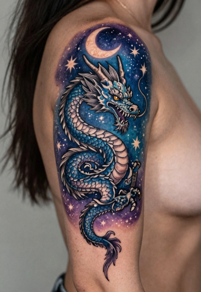 17 Feminine Dragon Tattoo Ideas for Women: Soft, Powerful Balance - 6. Celestial Dragon 1