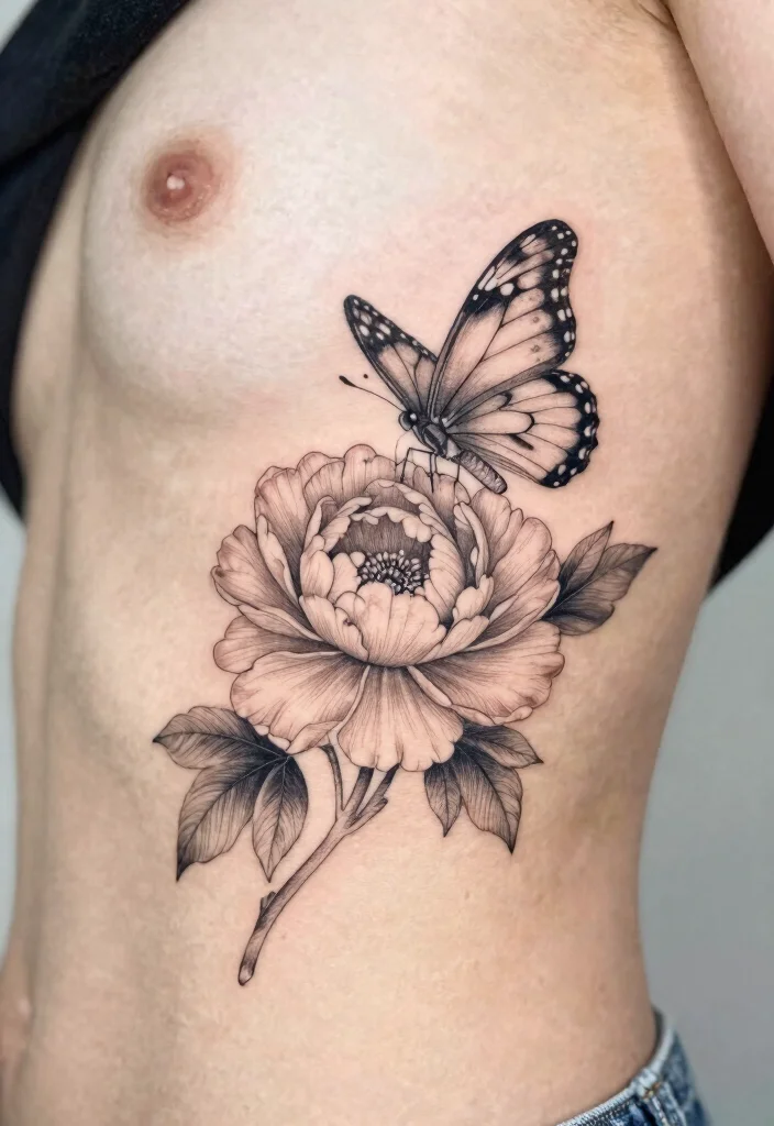 17 Fine Line Flower Tattoo Ideas: Minimal, Soft, and Trendy - 11. Butterfly Peony 1