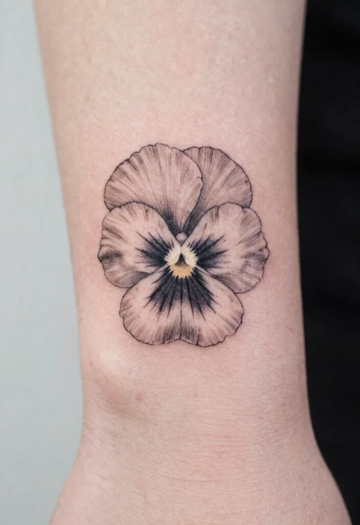 17 Fine Line Flower Tattoo Ideas: Minimal, Soft, and Trendy - 15. Subtle Pansy 1