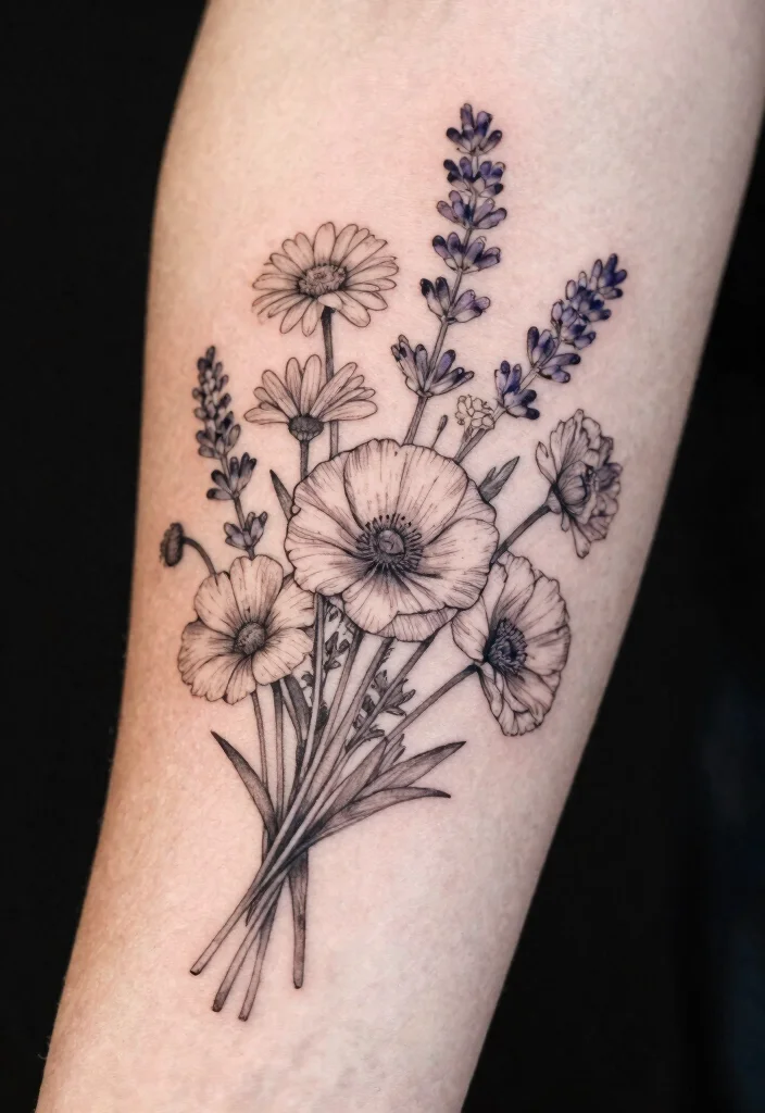 17 Fine Line Flower Tattoo Ideas: Minimal, Soft, and Trendy - 2. Dainty Wildflower Bouquet 1