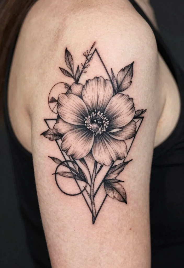 17 Fine Line Flower Tattoo Ideas: Minimal, Soft, and Trendy - 7. Geometric Floral Fusion 1