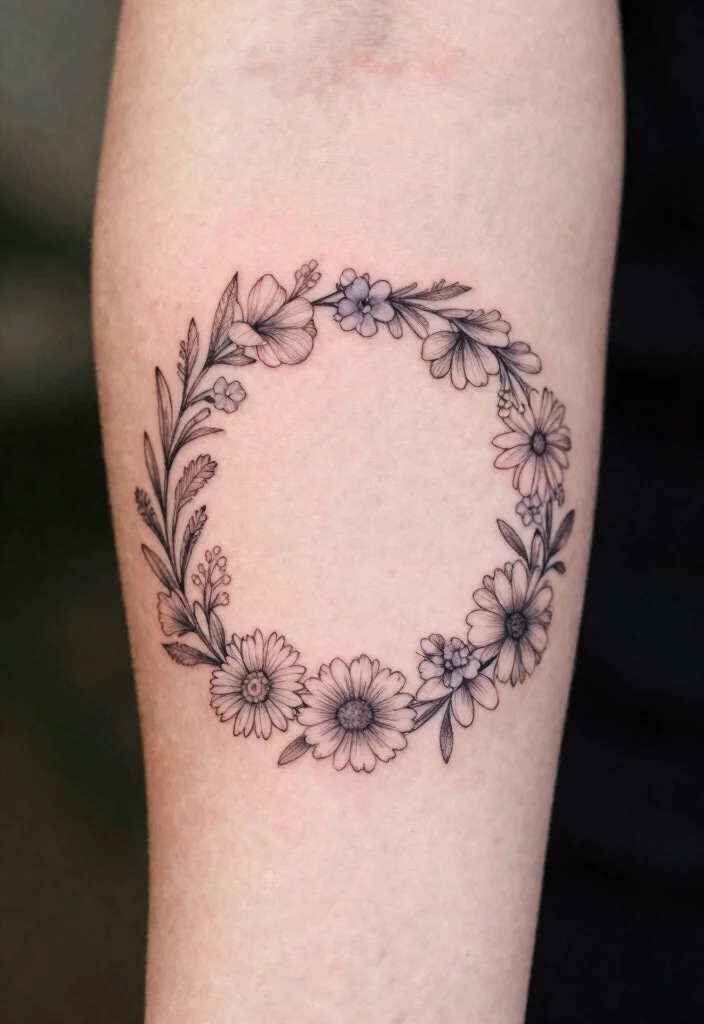 17 Fine Line Flower Tattoo Ideas: Minimal, Soft, and Trendy - 8. Whimsical Flower Wreath 1