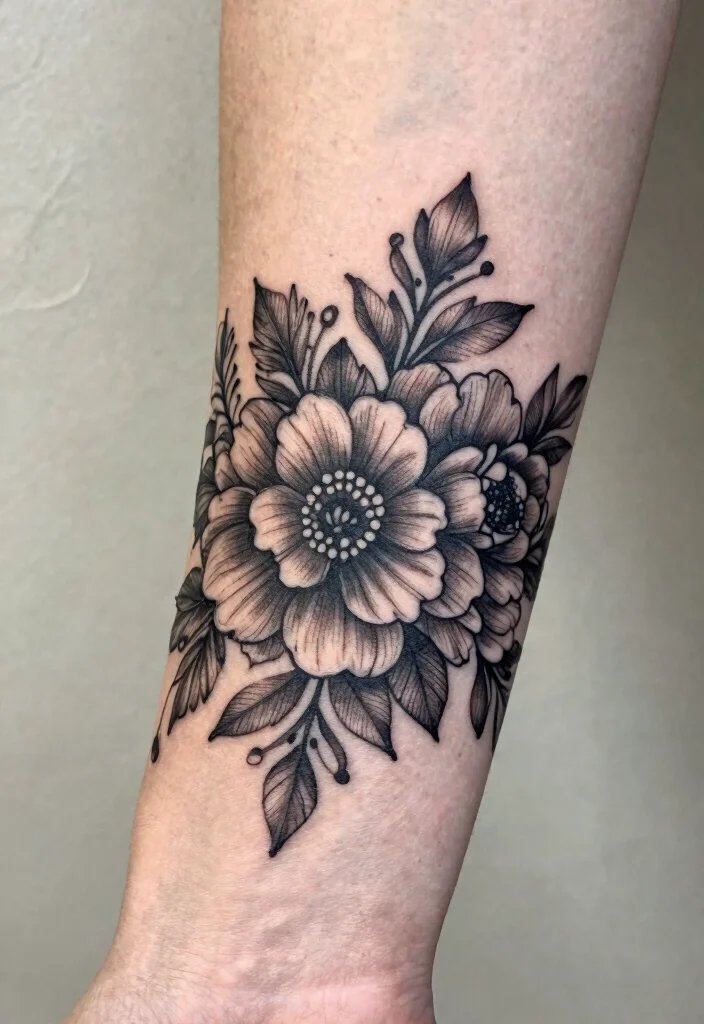 17 Goth Flower Tattoo Ideas: Dark Romantic and Dramatic - 11. Dark Floral Wrist Band 1