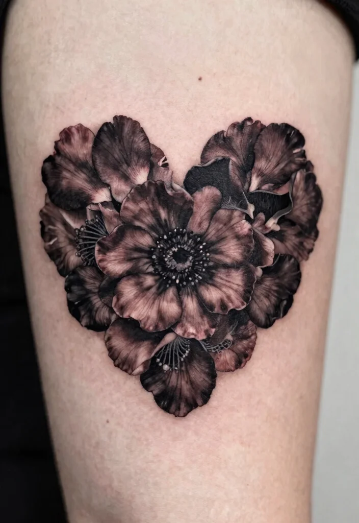 17 Goth Flower Tattoo Ideas: Dark Romantic and Dramatic - 13. Petal-Heart Combination 1