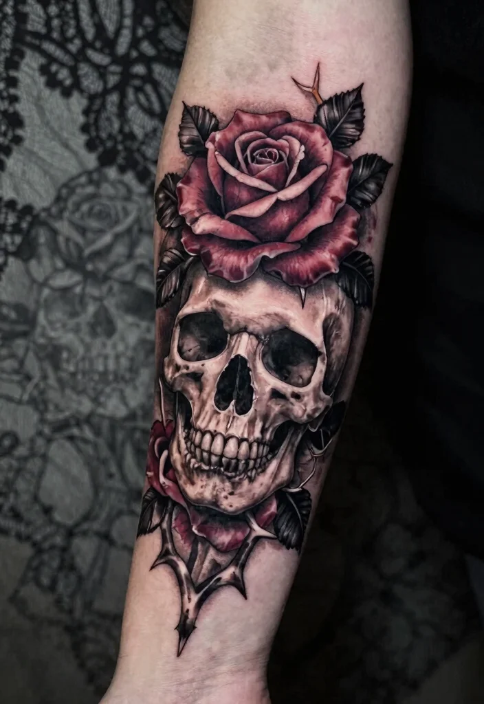 17 Goth Flower Tattoo Ideas: Dark Romantic and Dramatic - 2. Thorns and Skull Fusion 1