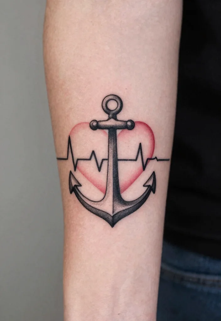 17 Heart Beat Tattoo Ideas: Emotional Simple and Clean - 11. Heart Beat with Anchor 1